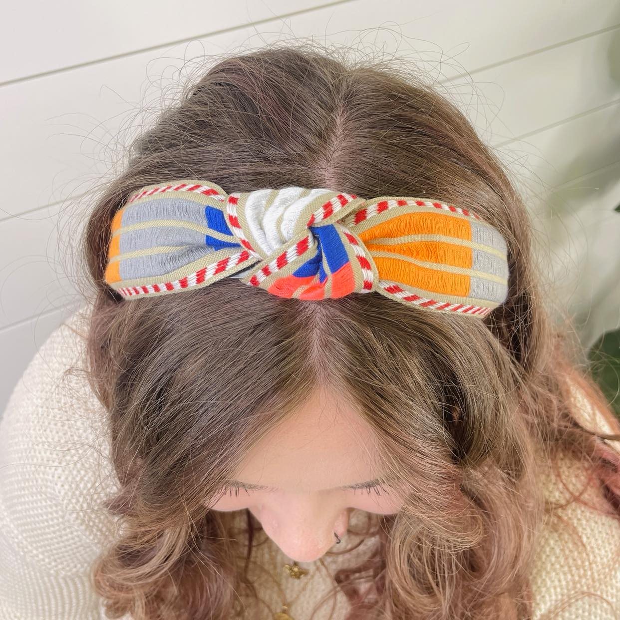 Vintage Knot Embroidered Striped Headband- Gray & Orange - Gray Bird