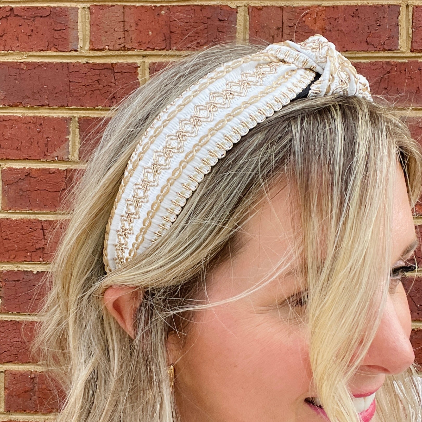 White with Gold Delicately Stitched Knot Headband - Gray Bird Label