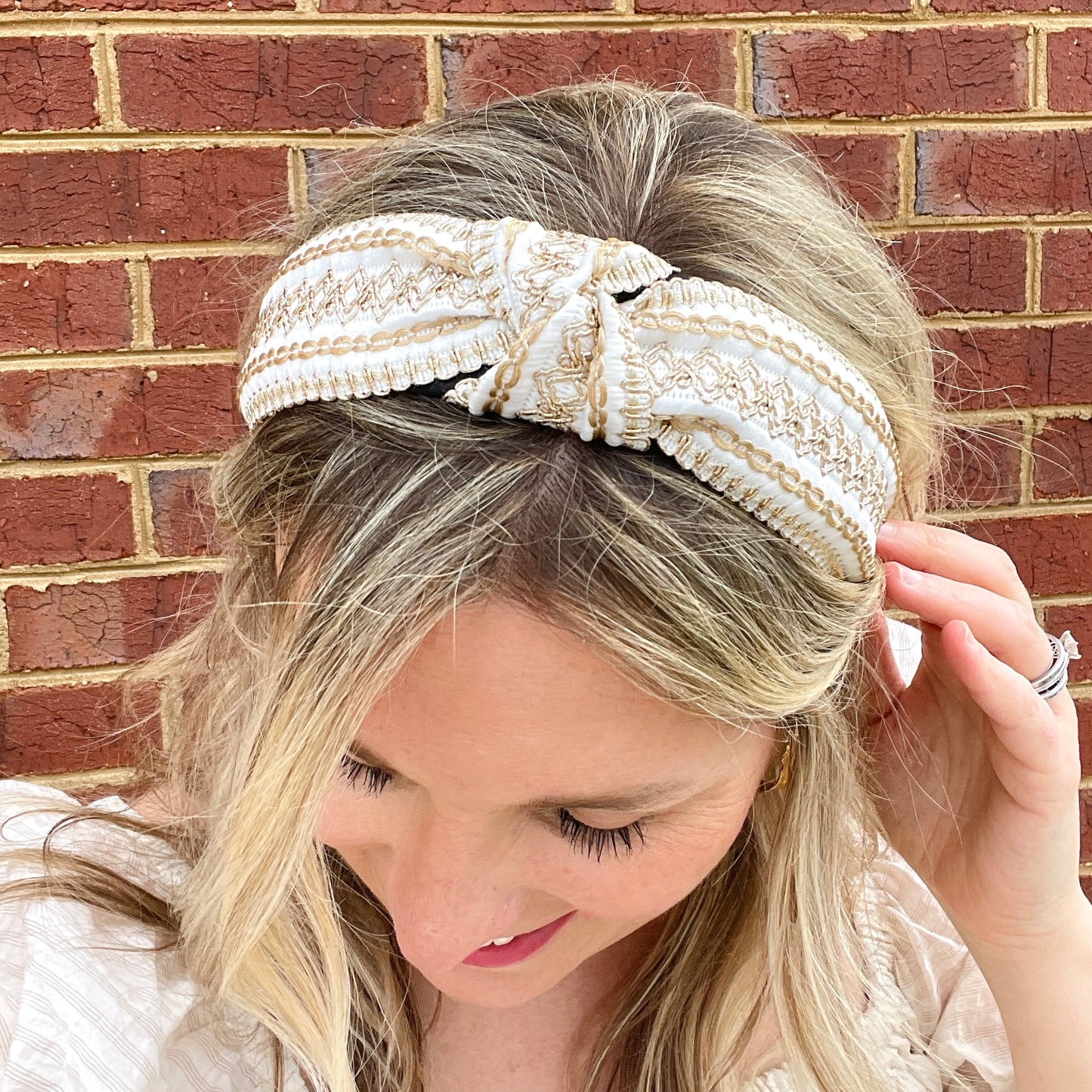 White with Gold Delicately Stitched Knot Headband - Gray Bird Label