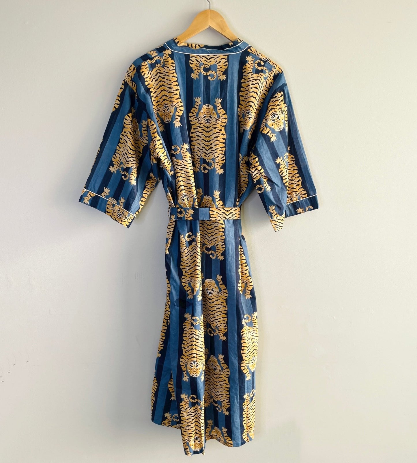Women's 100% Cotton Indian Block Printed Kimono Robe- Blue Stripe Tiger - Gray Bird Label