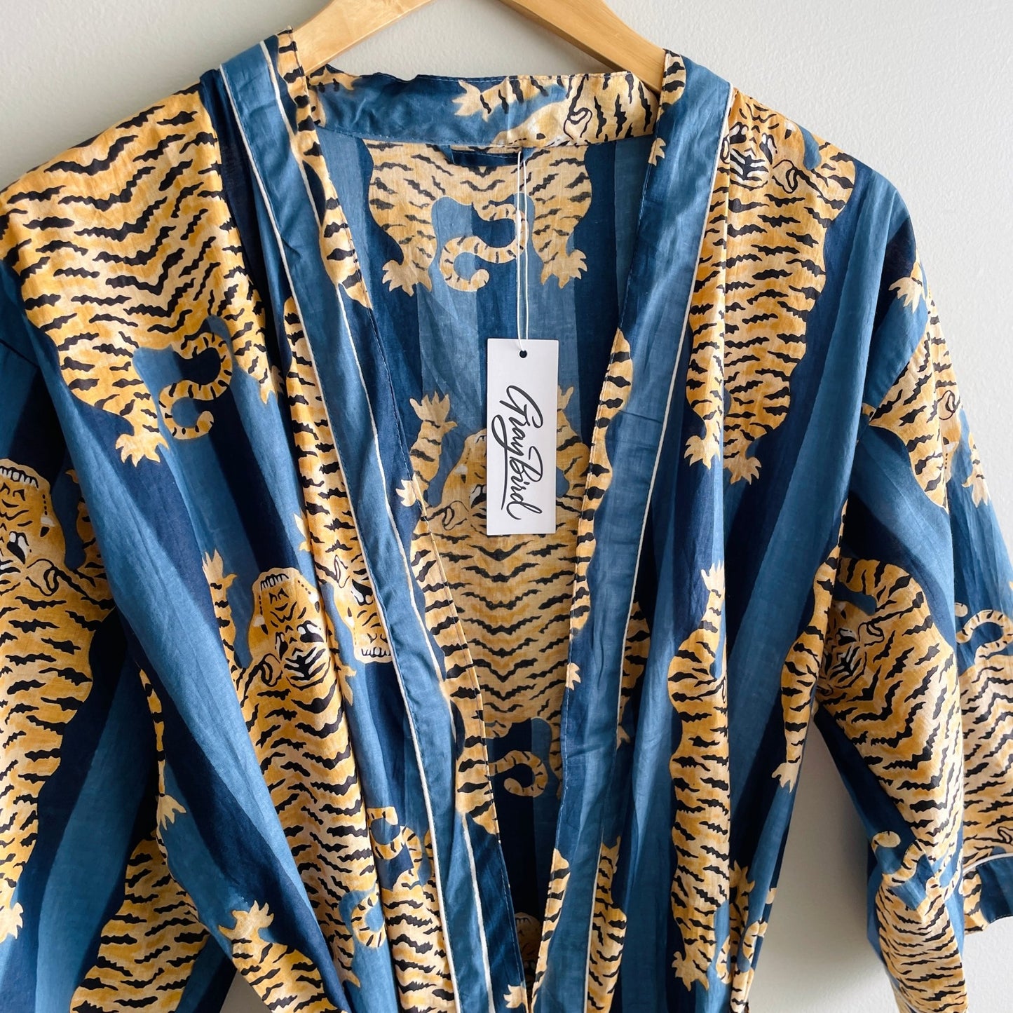 Women's 100% Cotton Indian Block Printed Kimono Robe- Blue Stripe Tiger - Gray Bird Label