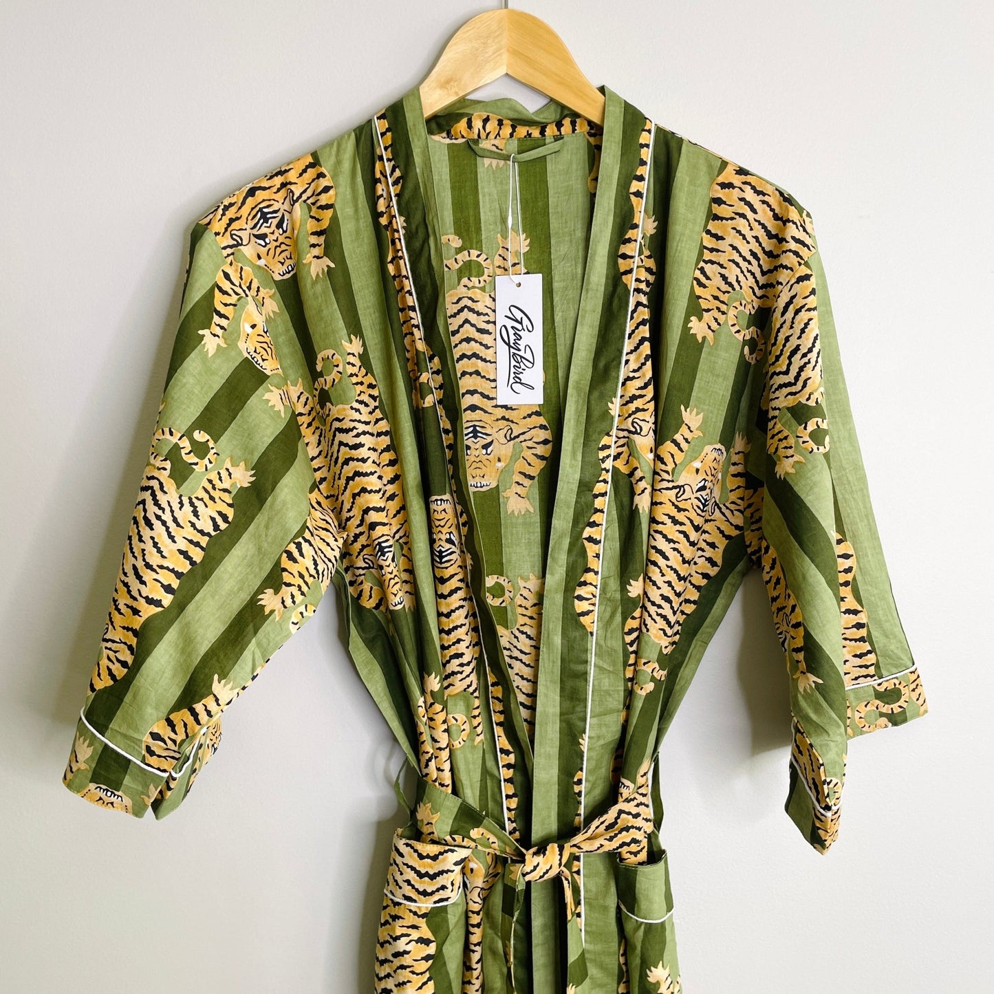 Women's 100% Cotton Indian Block Printed Kimono Robe- Green Stripe Tiger - Gray Bird Label