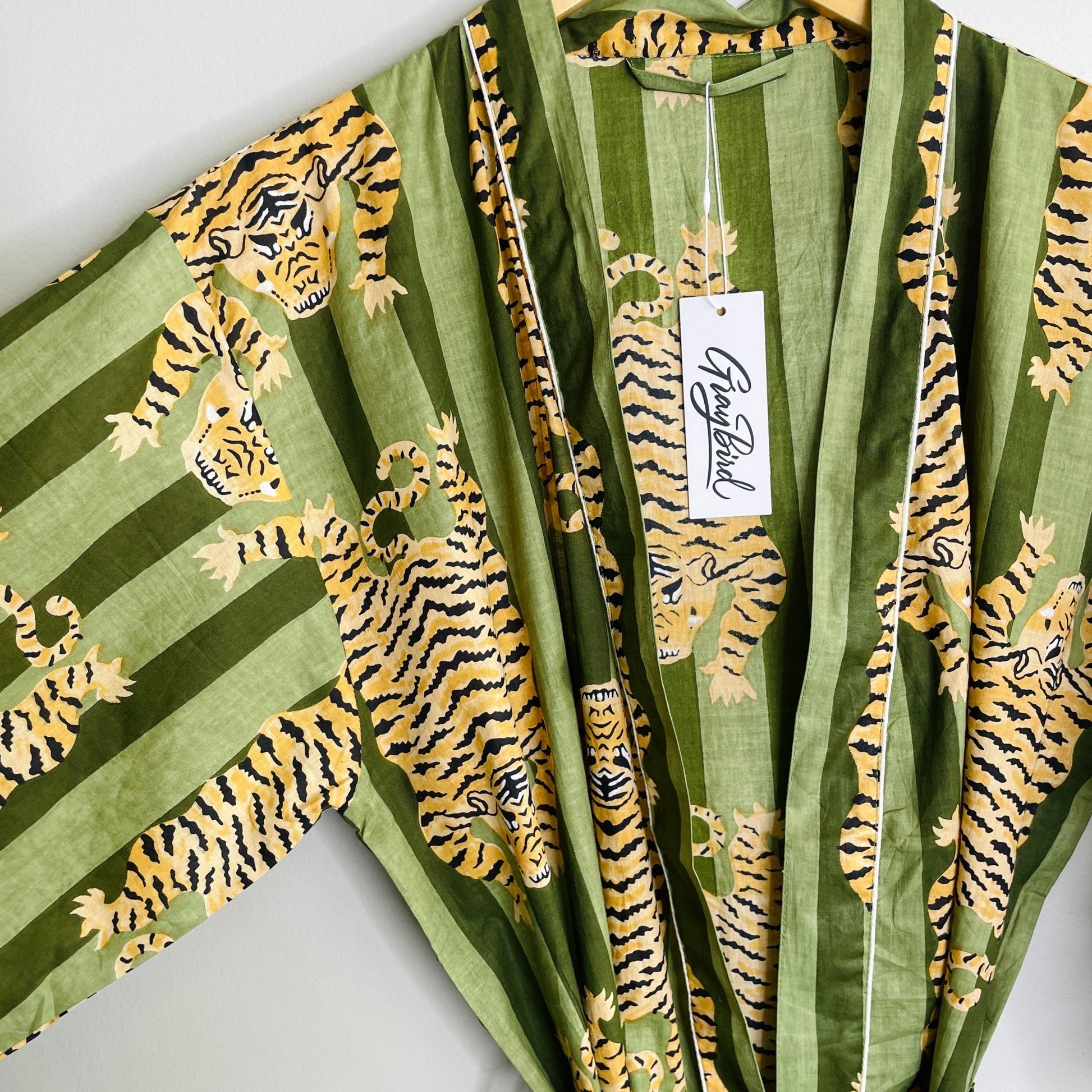 Women's 100% Cotton Indian Block Printed Kimono Robe- Green Stripe Tiger - Gray Bird Label