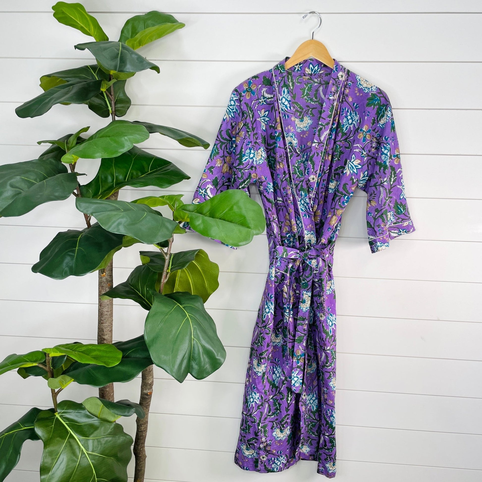 Women's 100% Cotton Indian Block Printed Kimono Robe- Iris Floral - Gray Bird