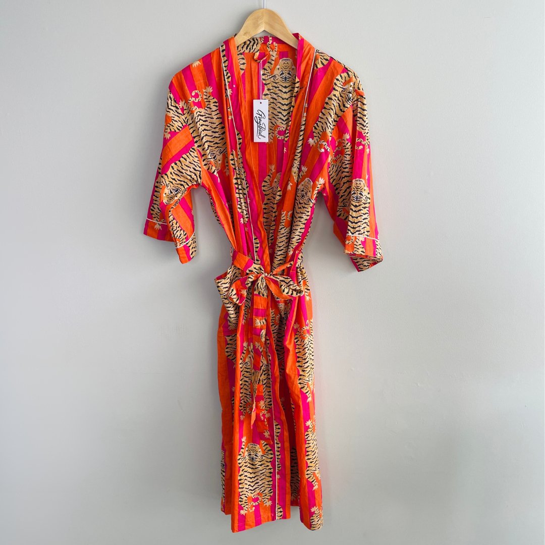 Women's 100% Cotton Indian Block Printed Kimono Robe- Orange & Pink Stripe Tiger - Gray Bird Label