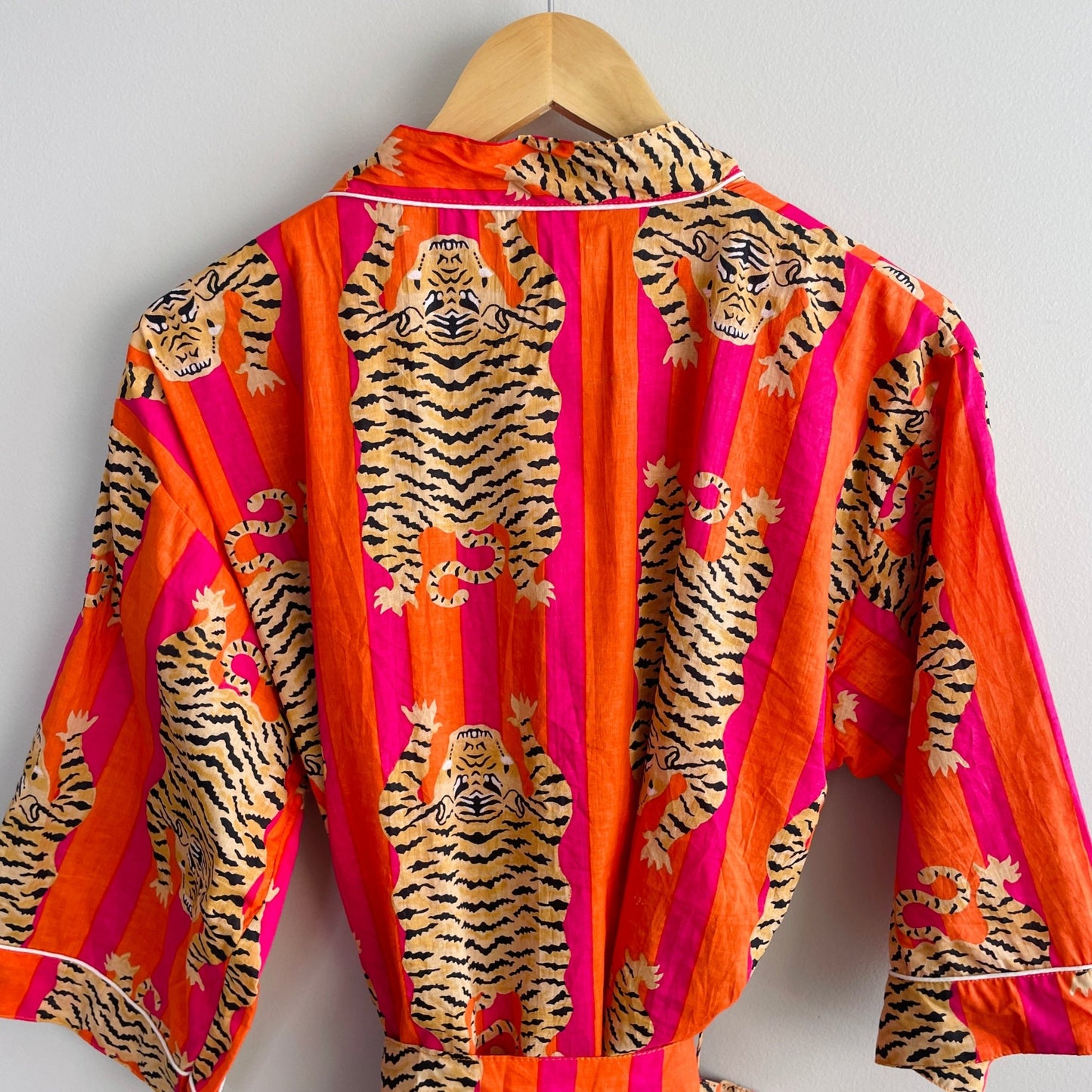 Women's 100% Cotton Indian Block Printed Kimono Robe- Orange & Pink Stripe Tiger - Gray Bird Label