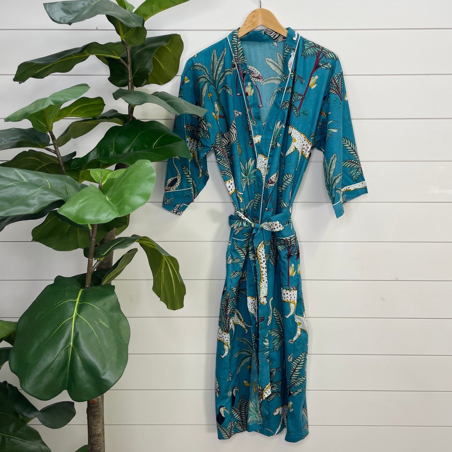 Women's 100% Cotton Indian Block Printed Kimono Robe- Sapphire Safari - Gray Bird