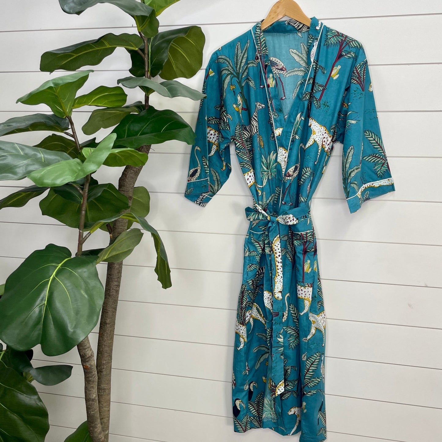 Women's 100% Cotton Indian Block Printed Kimono Robe- Sapphire Safari - Gray Bird