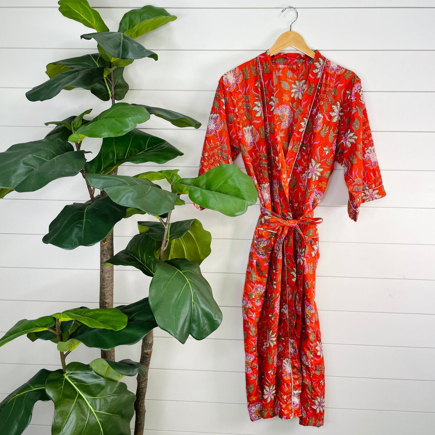 Women's 100% Cotton Indian Block Printed Kimono Robe- Tangerine Blossom - Gray Bird